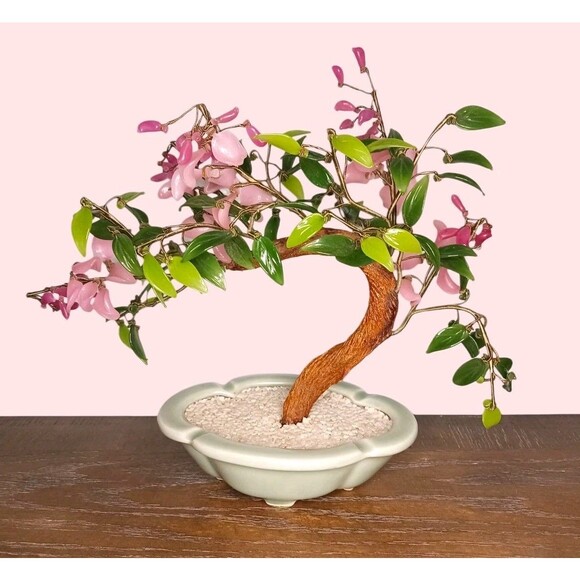 Vintage Bonsai Tree Glass Cherry Blossom Flowers Jade Leaves Celadon Pot Asian - Picture 1 of 7